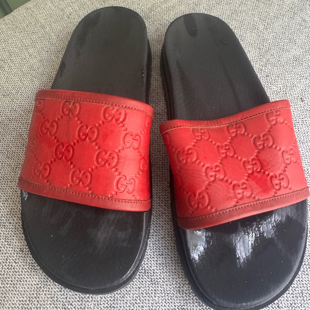 Gucci Red Embossed Logo Slides
